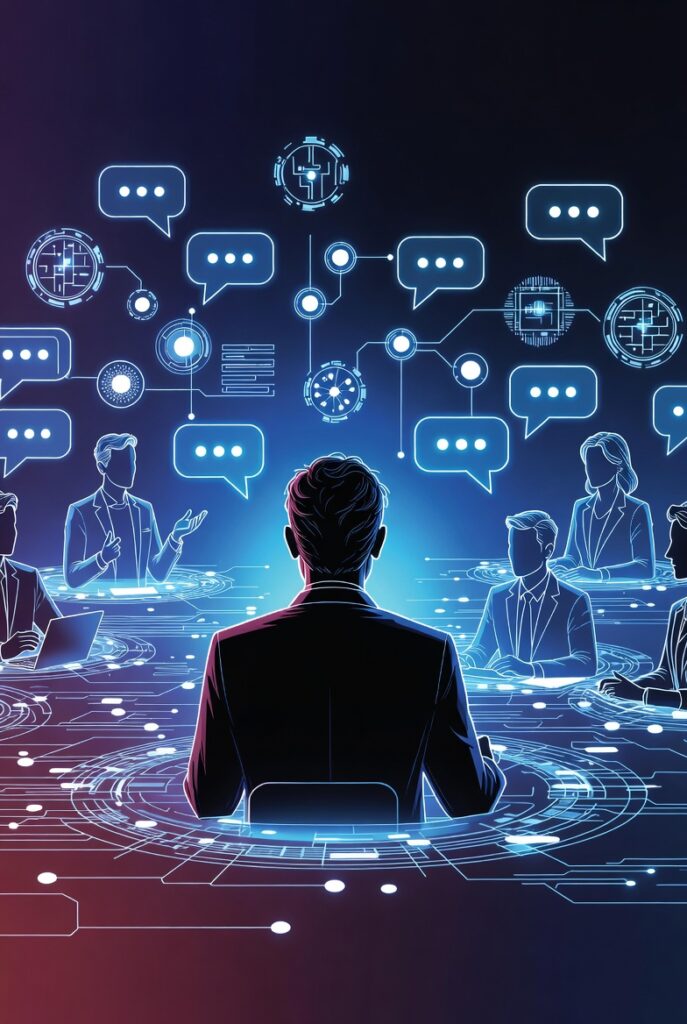 10 chaves para o sucesso na Pesquisa Qualitativa com Focus Groups Online em 2026. 1 Ilustração futurista de um grupo de pessoas conectadas por linhas digitais, simbolizando um focus group online. Elementos visuais de tecnologia, dados e balões de fala podem estar presentes, representando a troca de ideias e a pesquisa qualitativa em 2026, destacando os 10 pontos essenciais.