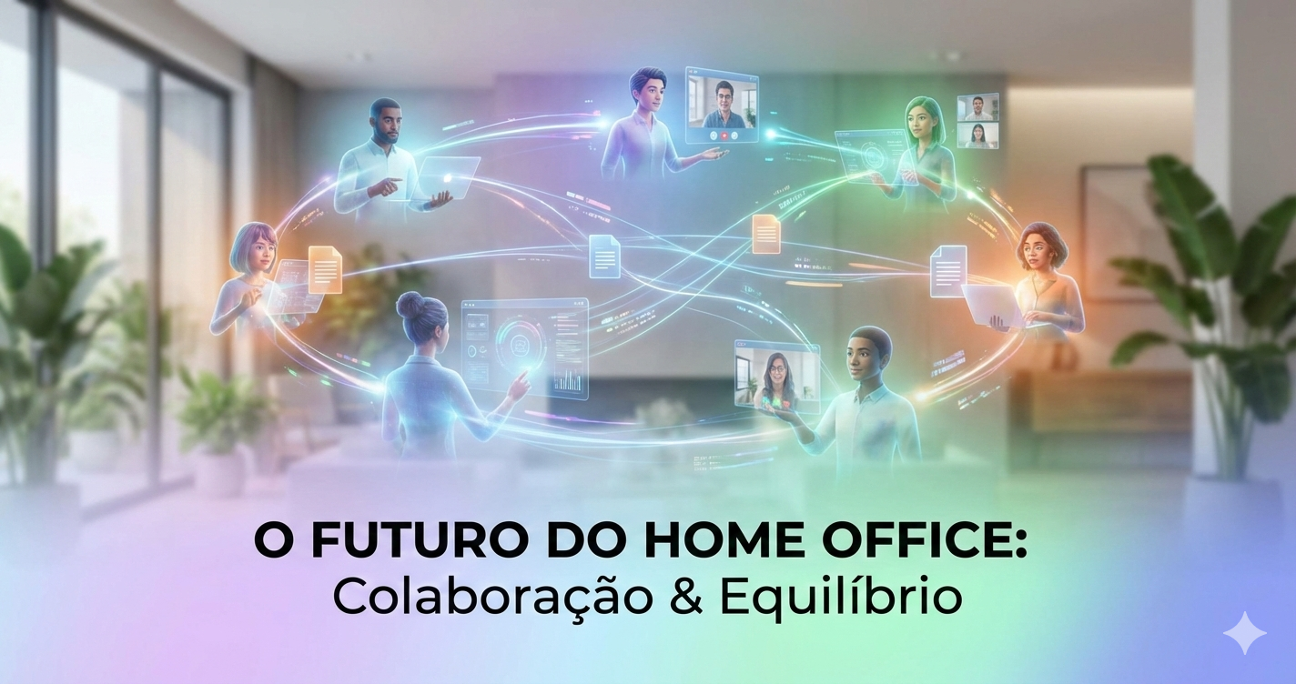 Representação futurista de colaboração em home office com pessoas interagindo por meio de hologramas e interfaces digitais flutuantes, simbolizando a comunicação e o compartilhamento de documentos no trabalho remoto em 2026.