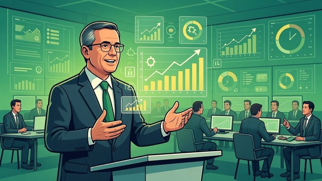Executivo apresenta gráficos e painéis de análise de dados em uma sala de reunião, ilustrando o uso de inteligência para construir uma imagem vencedora em campanhas políticas para 2026.