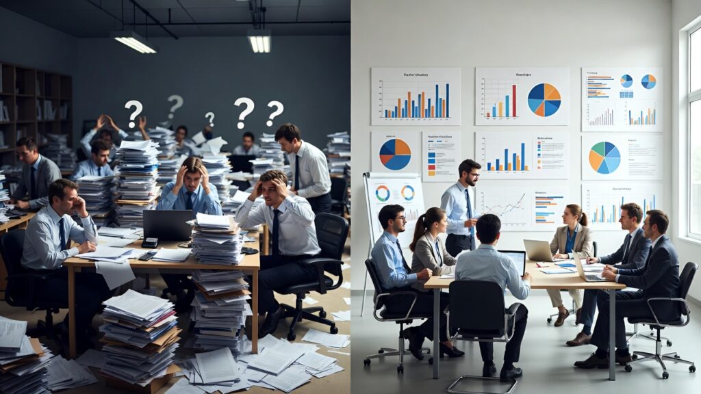 Comparativo visual entre o caos da falta de planejamento em equipes empresariais, com pilhas de papéis e confusão, versus o sucesso de uma reunião produtiva com gráficos e dados de pesquisa de mercado, destacando colaboração e resultados positivos.