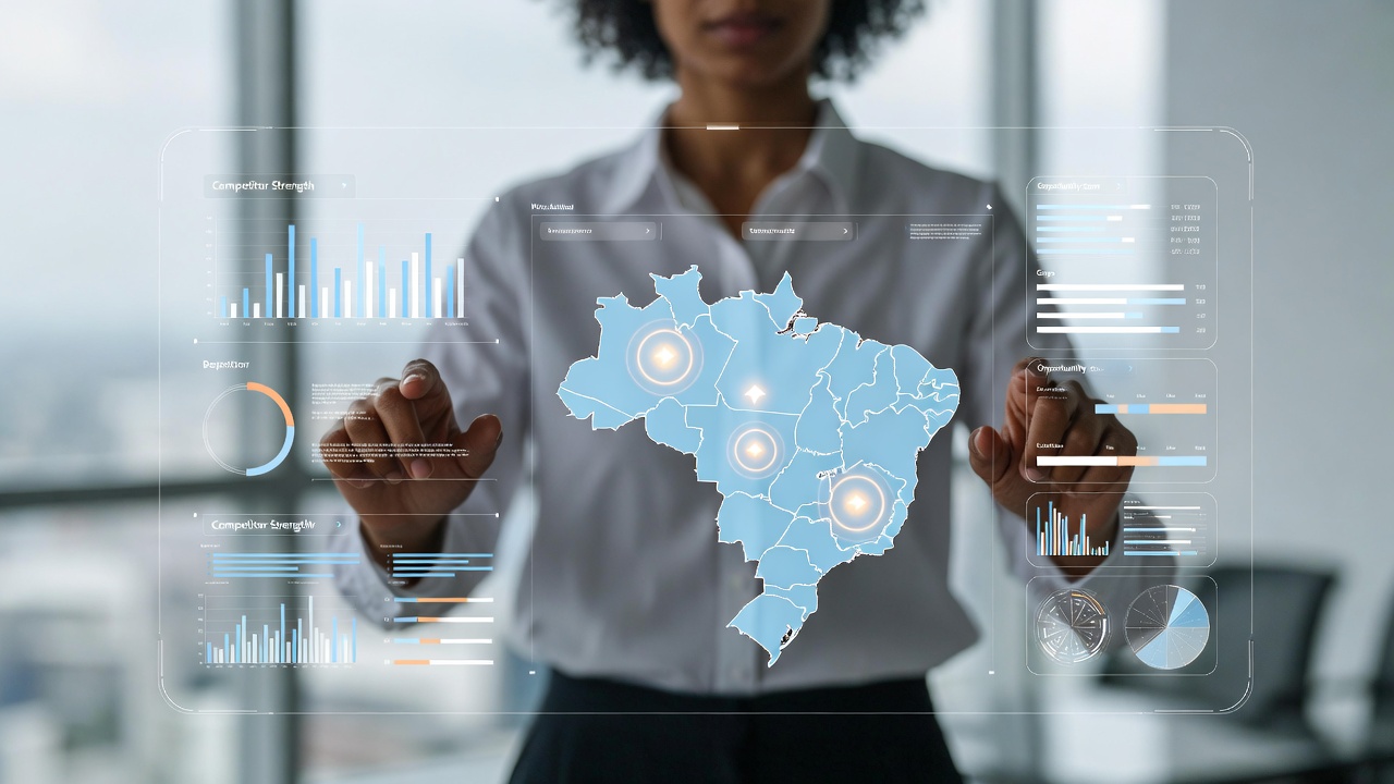 Empresária brasileira analisando o cenário competitivo do Brasil em uma tela digital, identificando lacunas de mercado." o Nome do Arquivo: capa-analise-concorrencia-brasil.