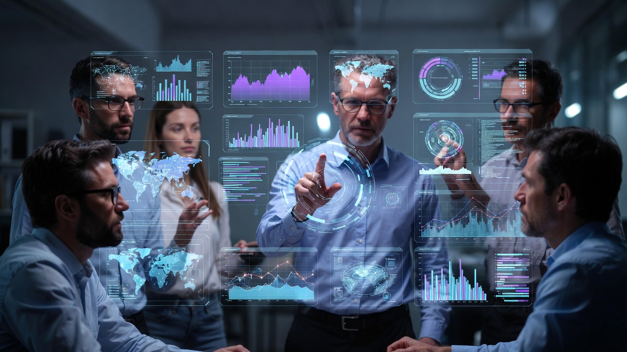 Empresário brasileiro analisando dados em um dashboard de tecnologia, representando a inovação e o crescimento no mercado de tecnologia em 2026.