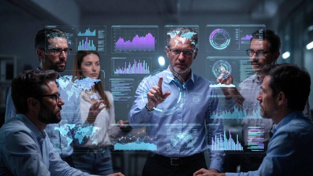 Empreendedores de startups brasileiras em 2026 analisando dados de mercado em uma projeção holográfica, simbolizando inovação e estratégia