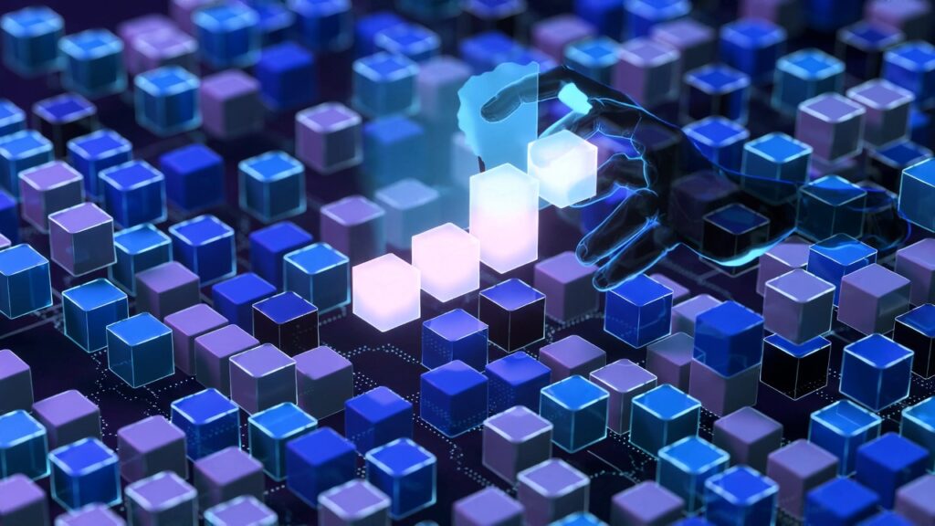 Dados sintéticos flutuantes em ambiente digital, interagindo com profissional, simbolizando inovação em análises de mercado.