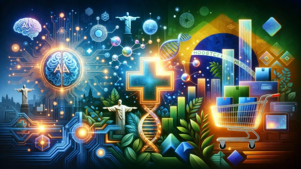 Mosaico futurista de tecnologia, saúde e varejo com elementos brasileiros, simbolizando mercados em crescimento no Brasil para 2026.