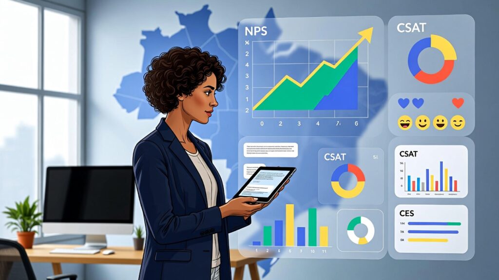 Empresária brasileira analisando métricas de satisfação do cliente em painel digital, com gráficos e feedbacks.