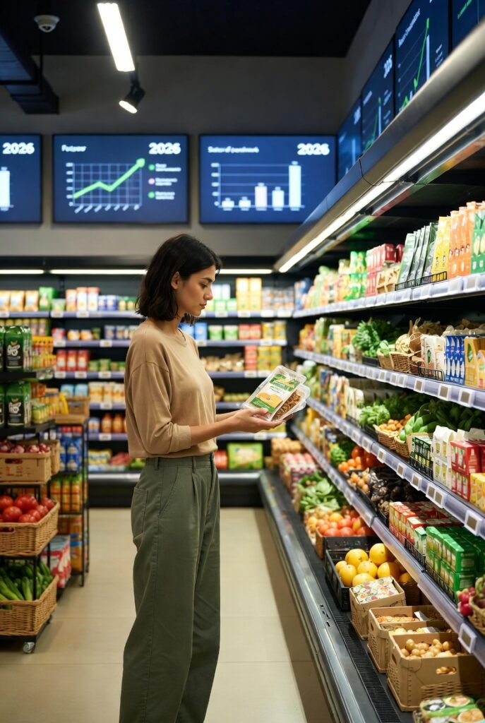 Consumidor brasileiro escolhendo produtos ecológicos em supermercado moderno, com gráficos de tendências sustentáveis ao fundo, representando o futuro do consumo no Brasil em 2026.