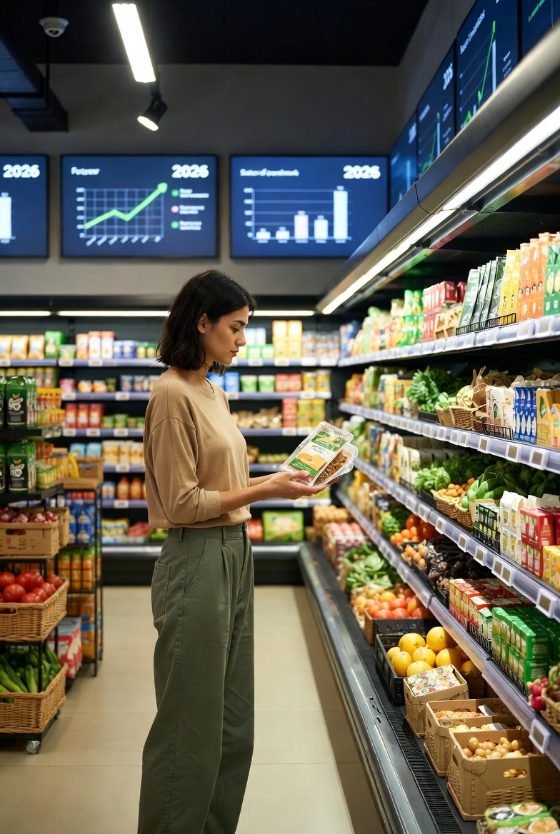 Consumidor brasileiro escolhendo produtos ecológicos em supermercado moderno, com gráficos de tendências sustentáveis ao fundo, representando o futuro do consumo no Brasil em 2026.