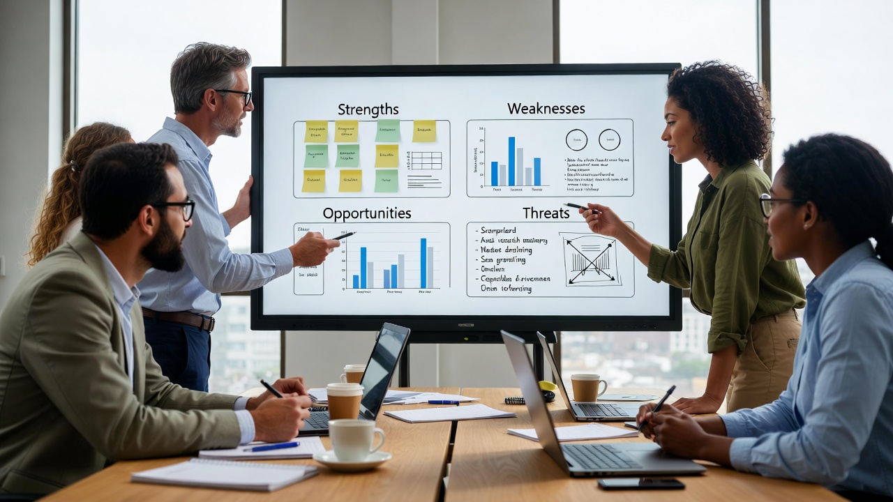 Equipe brasileira colaborando em análise SWOT de concorrência, utilizando ferramentas digitais para decisões estratégicas.