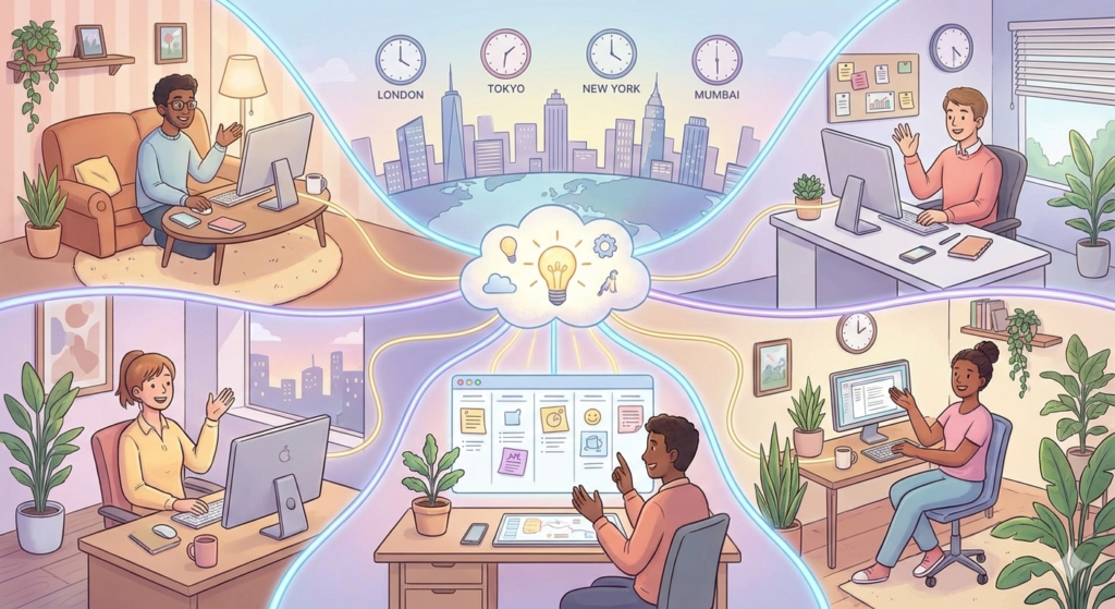 Ilustração colorida de pessoas trabalhando em home office em diferentes fusos horários (Londres, Tóquio, Nova York, Mumbai), conectadas por uma nuvem de ideias e colaboração digital no ambiente de trabalho remoto em 2026.