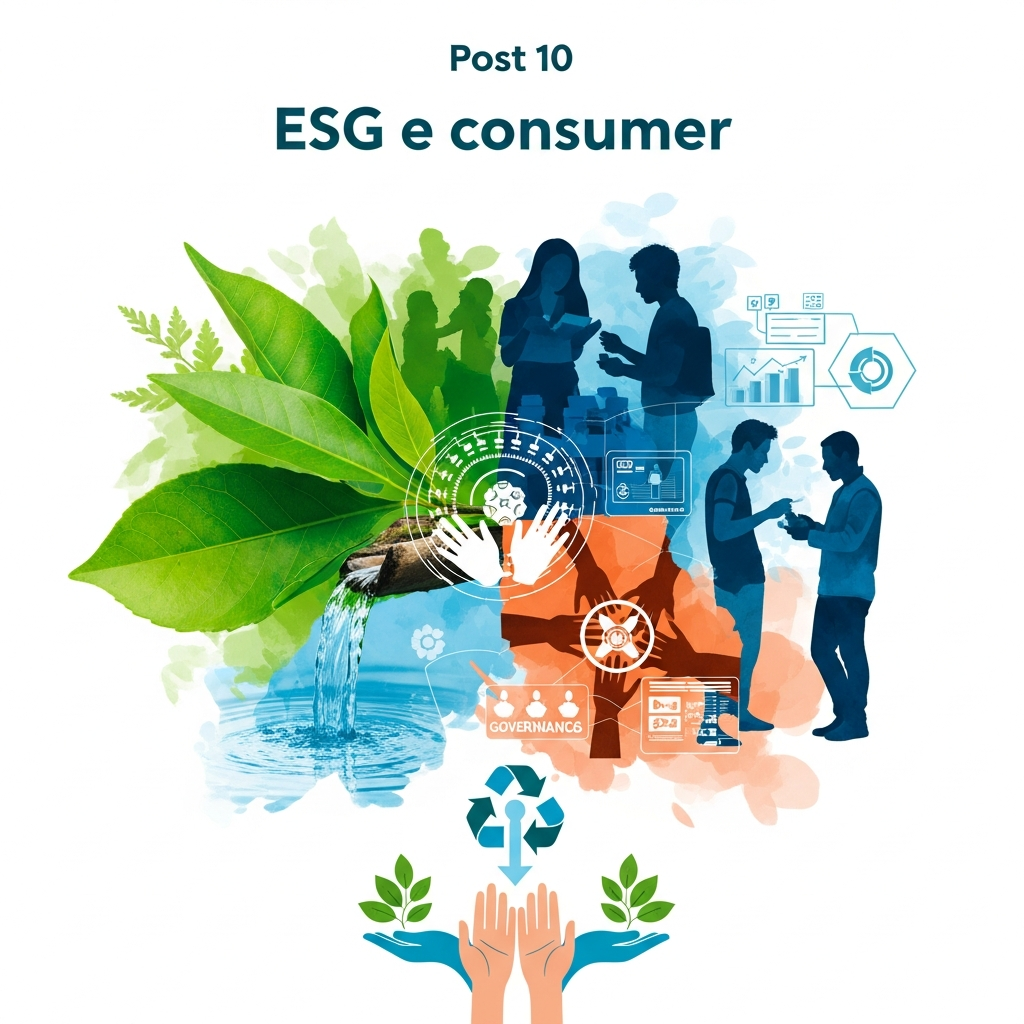 3 Insights: ESG e Consumidor Moldam o Mercado em 2026 3 Ilustração vibrante e abstrata que conecta elementos como folhas, água, pessoas, ícones de governança, reciclagem e dados, representando a integração dos princípios ESG no relacionamento com o consumidor e o futuro dos negócios responsáveis em 2026.