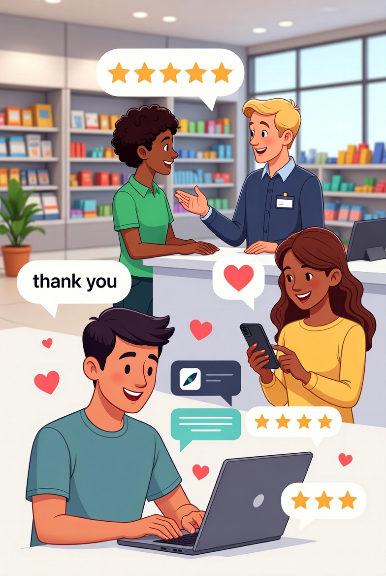 Cliente interagindo positivamente com uma marca através de múltiplos canais, ilustrando a importância da experiência para a satisfação.