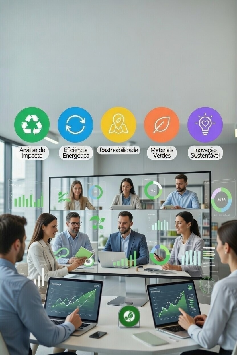 Equipe diversificada analisando dados de sustentabilidade em reunião virtual, com dashboards e gráficos, ilustrando o framework Guia Sustentável da Analise Mercado para marcas em 2026.