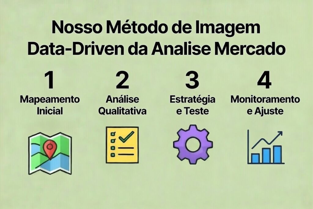 Nosso Método de Imagem Data-Driven da Análise Mercado' em 4 etapas, que auxilia na construção de uma imagem vencedora para candidatos políticos em 2026. As etapas são: Mapeamento Inicial, Análise Qualitativa, Estratégia e Teste, e Monitoramento e Ajuste.