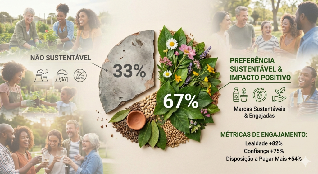 3 Insights: ESG e Consumidor Moldam o Mercado em 2026 2 Gráfico de pizza que mostra 67% de preferência por "Marcas Sustentáveis & Engajadas" e 33% por "Não Sustentável", rodeado por imagens de pessoas felizes em atividades sustentáveis e dados de métricas de engajamento, como Lealdade +82% e Confiança +75% em 2026.