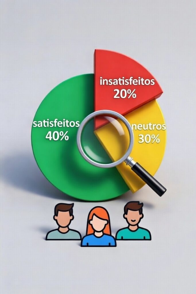 Gráfico de barras ou pizza dinâmico mostrando a distribuição de respostas de uma pesquisa (ex: 40% satisfeitos, 30% neutros, 20% insatisfeitos), com ícones de pessoas diversas representando a base da entidade e uma lupa destacando a análise de dados. As cores são vivas e o design é moderno.