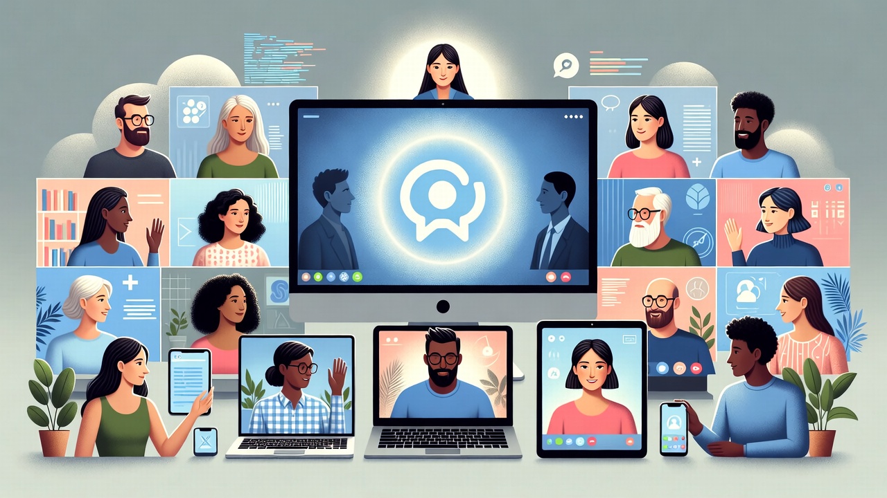 Ilustração de um grupo diversificado de pessoas (representando diferentes idades, gêneros e etnias) participando de uma videochamada em telas de computador e tablets. O centro da imagem pode ter um símbolo de 'conversa' ou 'ideias', e um moderador sutilmente gerenciando a discussão. Ao fundo, um ambiente que sugere colaboração e troca de informações, com elementos de nuvem e dados.
