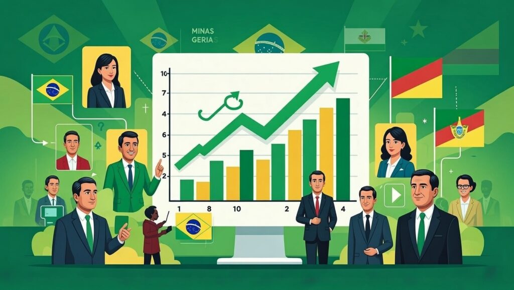 Ilustração vibrante de crescimento econômico e sucesso em negócios, com gráficos de alta e profissionais colaborando, sob o pano de fundo de bandeiras do Brasil e Minas Gerais, representando o uso de dados para construir uma imagem vencedora para candidatos políticos em 2026.
