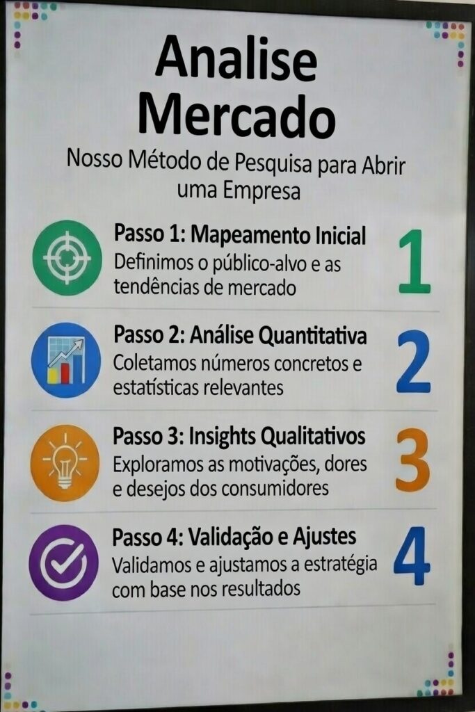 Infográfico método de pesquisa de mercado Analise Mercado para abrir empresa: passos de mapeamento inicial, análise quantitativa, insights qualitativos e validação estratégica.