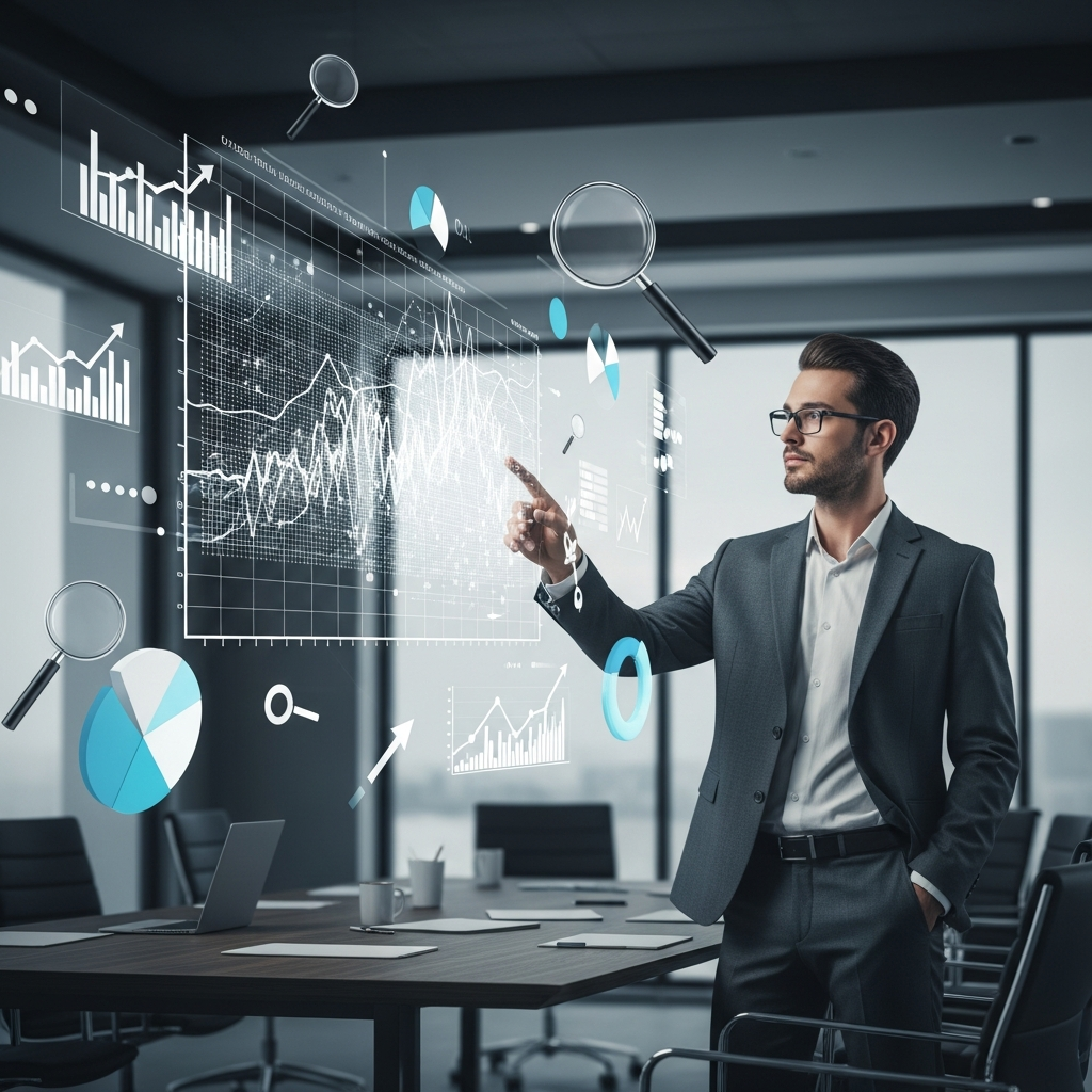 Profissional analisando painel interativo de dados complexos com gráficos e diagramas, apontando com caneta para insights, destacando tomada de decisão baseada em dados."