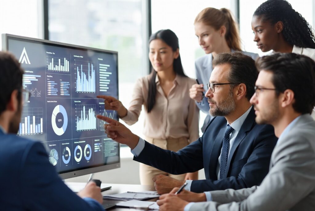 Pessoas (líderes de entidades) sentadas em uma mesa de reunião moderna, olhando para um dashboard ou tela interativa com gráficos e dados projetados, tomando decisões com base nos insights da pesquisa. O ambiente é colaborativo e o logo da Analise Mercado está discretamente integrado ao design da tela.