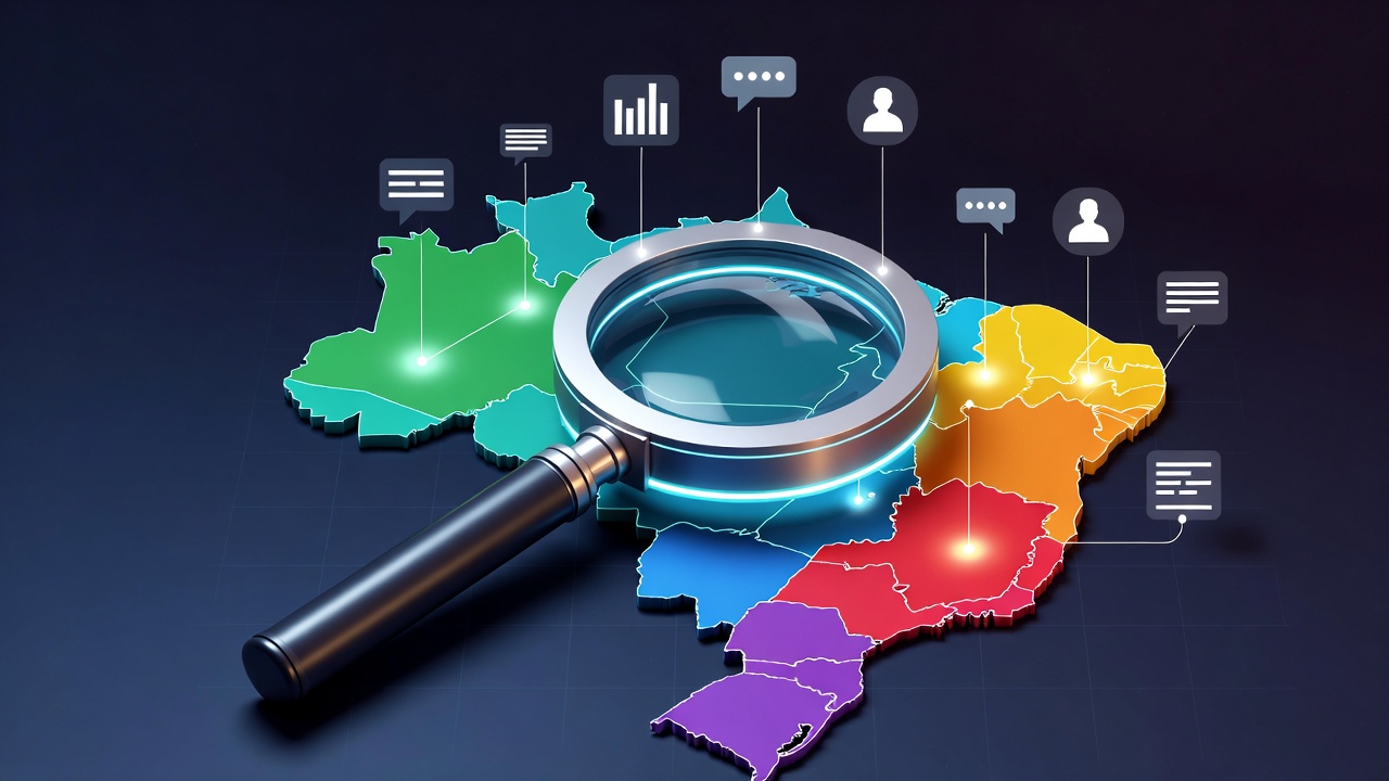 Lupa digital sobre mapa do Brasil indicando lacunas de mercado e oportunidades estratégicas em análise de concorrência