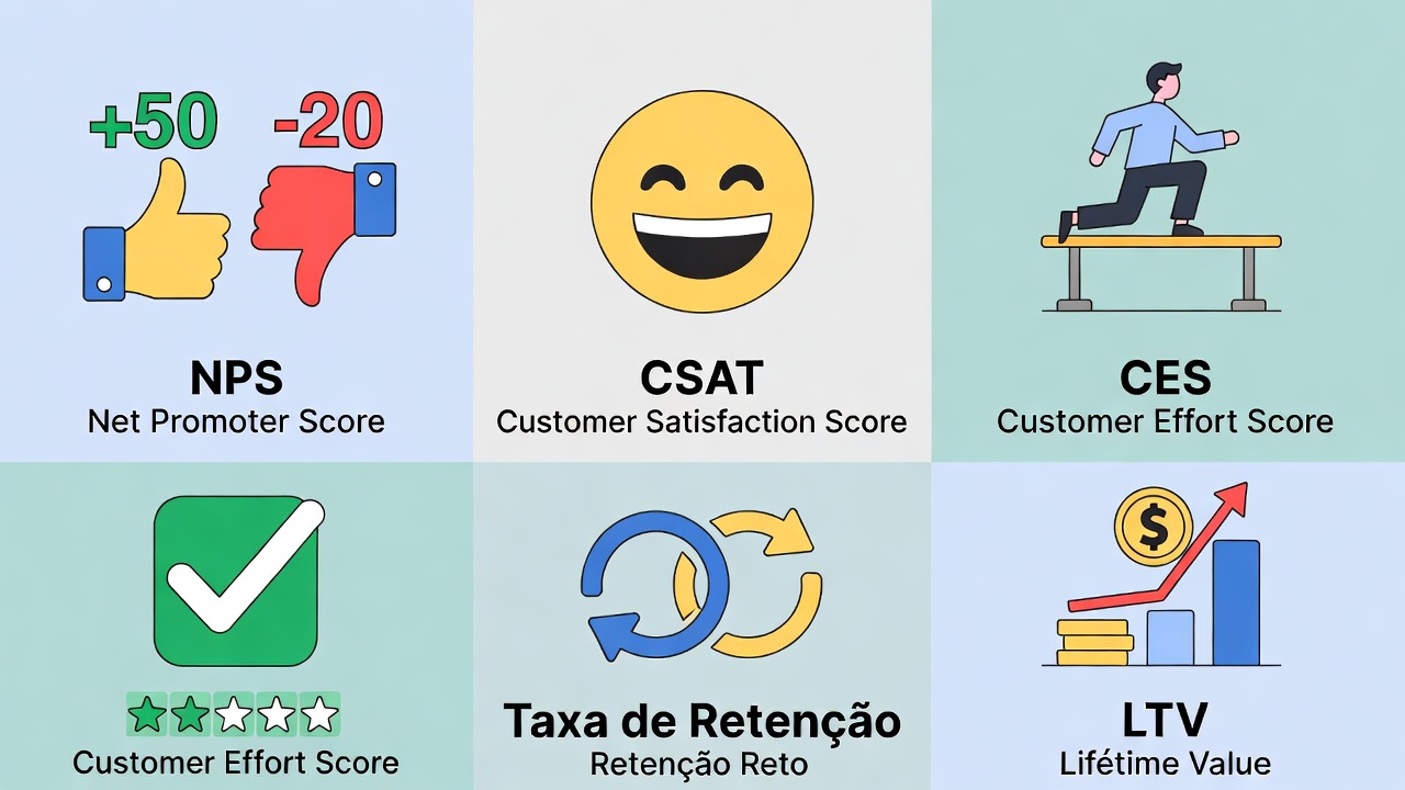 Cinco ícones representando as métricas de satisfação do cliente: NPS, CSAT, CES, Taxa de Retenção e Lifetime Value.