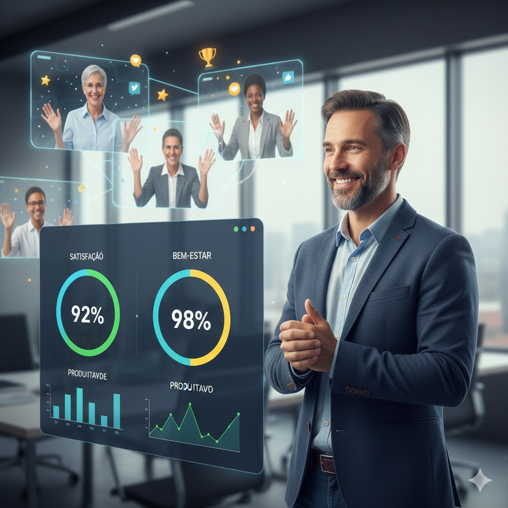 Homem sorridente apresentando painel digital com dados de satisfação, bem-estar e produtividade (92%, 98%) para colaboradores remotos em videochamada, ilustrando o futuro do home office com foco em resultados e engajamento em 2026.