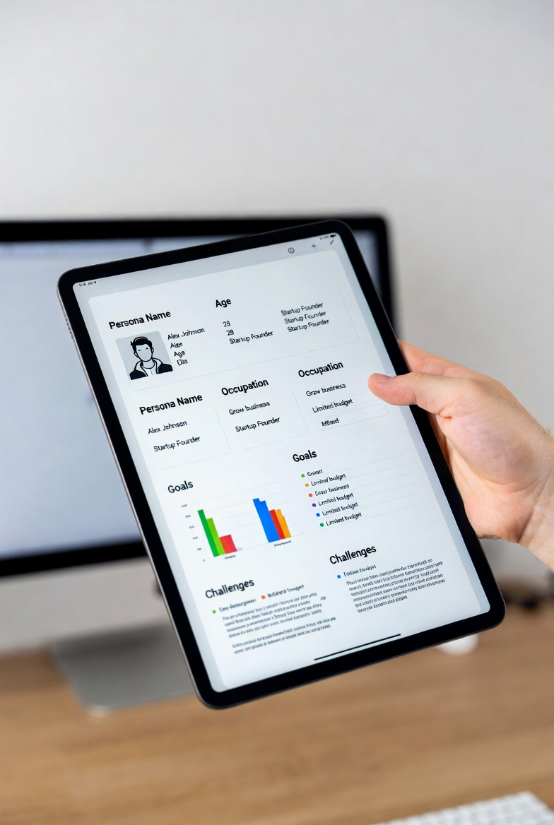 Mão interagindo com tablet mostrando perfil de persona detalhado para segmentação de mercado de startups.