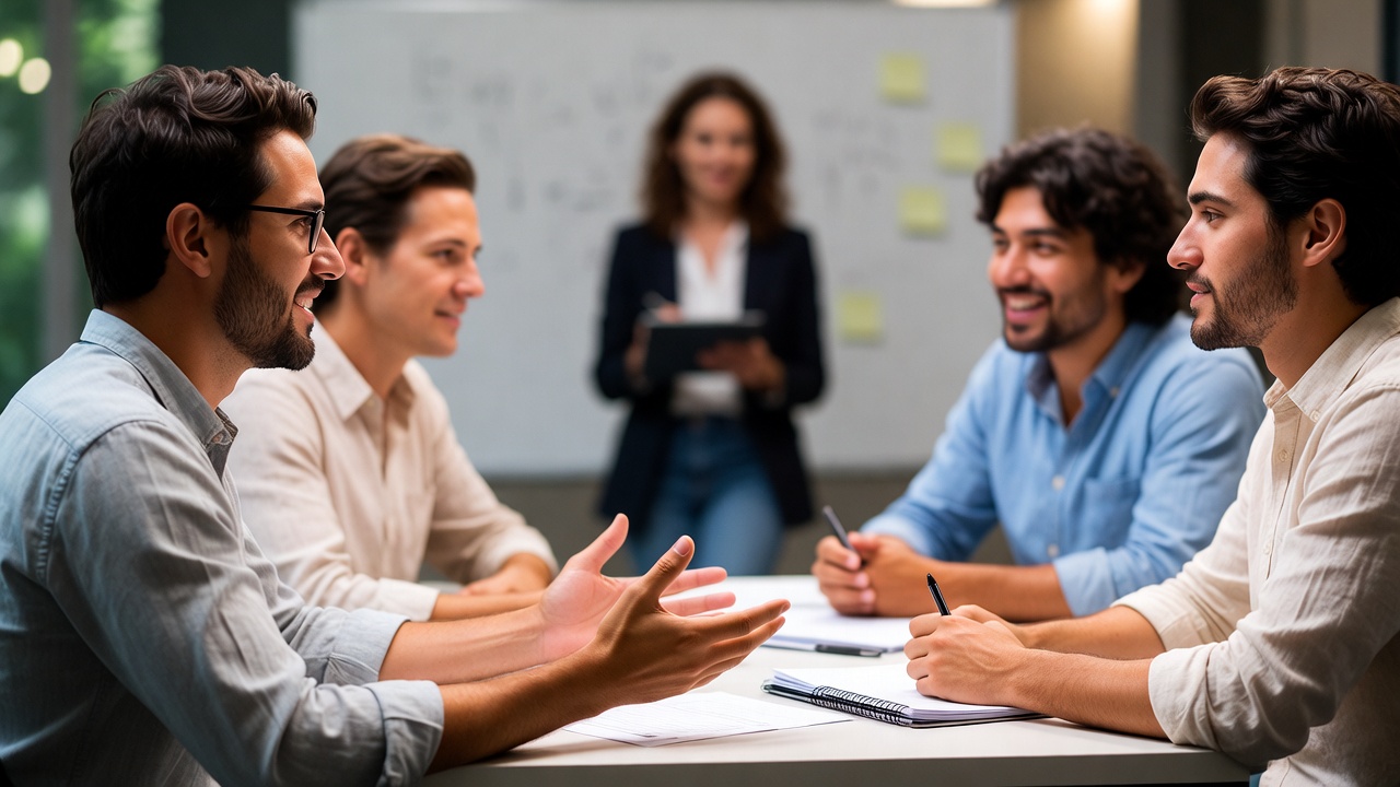 Pessoas em um grupo focal discutindo ideias, representando a profundidade da pesquisa qualitativa para entender motivações.