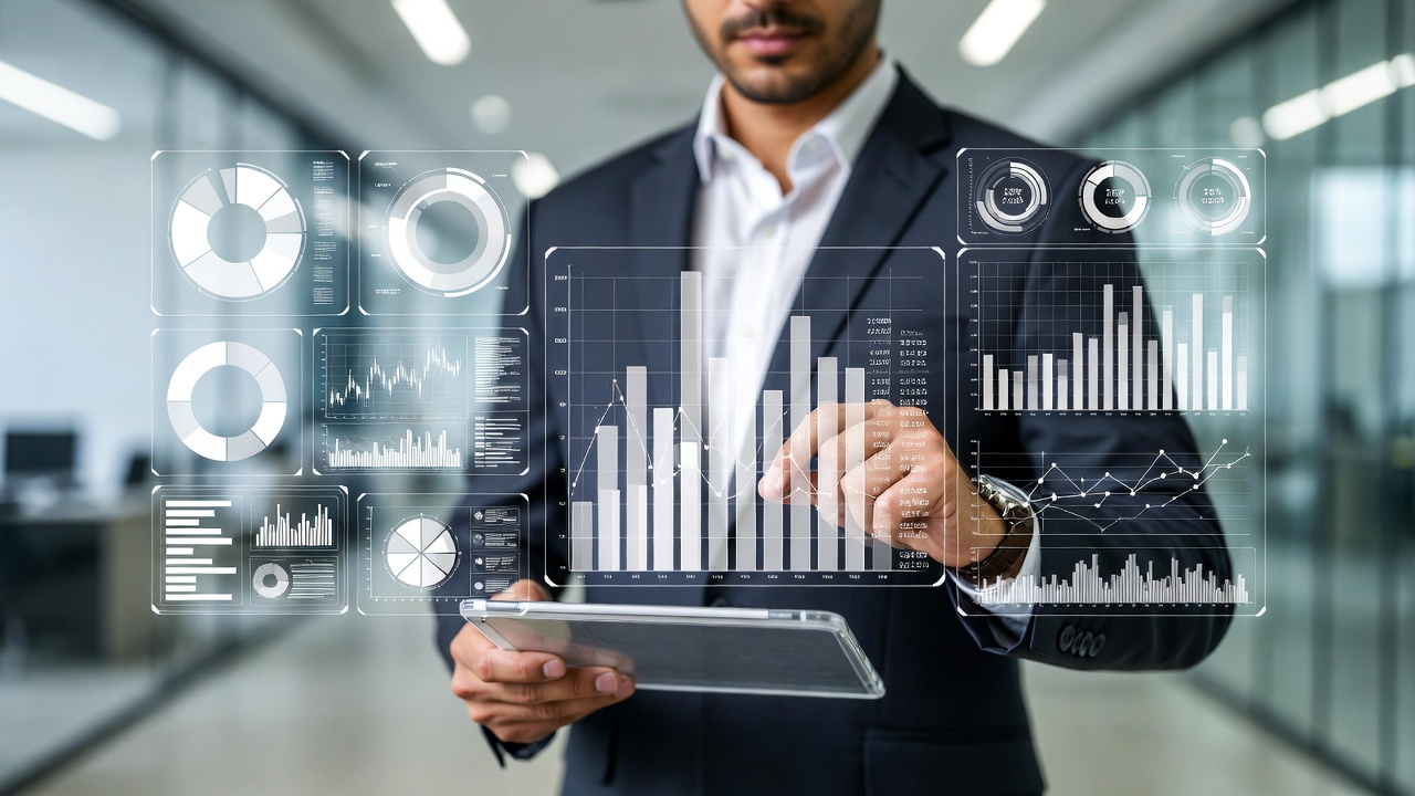 Empresário analisando gráficos e estatísticas em uma projeção holográfica, simbolizando a análise de dados da pesquisa quantitativa.