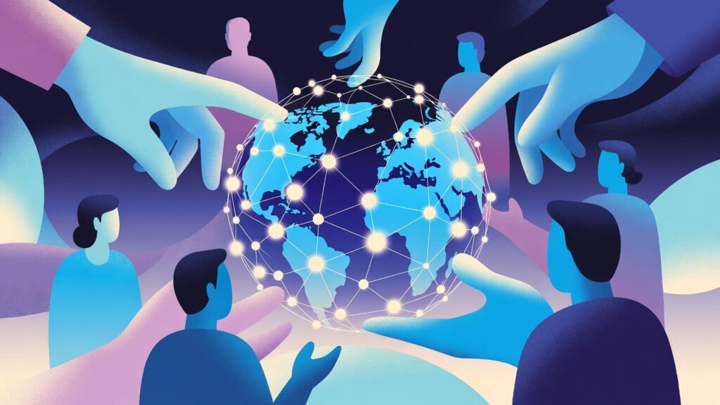 Ilustração abstrata e moderna de uma rede de pontos interconectados por linhas, formando uma esfera de dados, com algumas figuras humanas estilizadas ao redor, simbolizando a Pesquisa Quantitativa e a tomada de decisão estratégica para entidades representativas em 2026.
