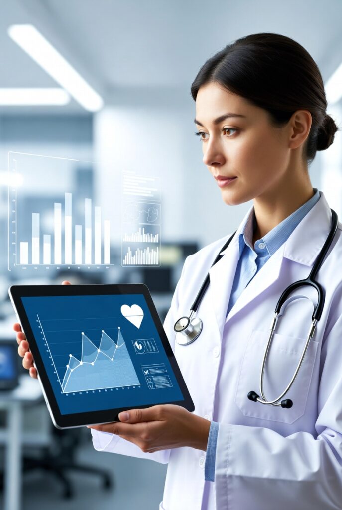 Ilustração moderna de um profissional de saúde (médico ou enfermeiro) segurando um tablet que mostra gráficos de dados e um coração estilizado, simbolizando a Pesquisa de Mercado na Saúde e a atenção à experiência do paciente. Ao fundo, um ambiente clínico ou laboratorial com elementos de tecnologia digital.