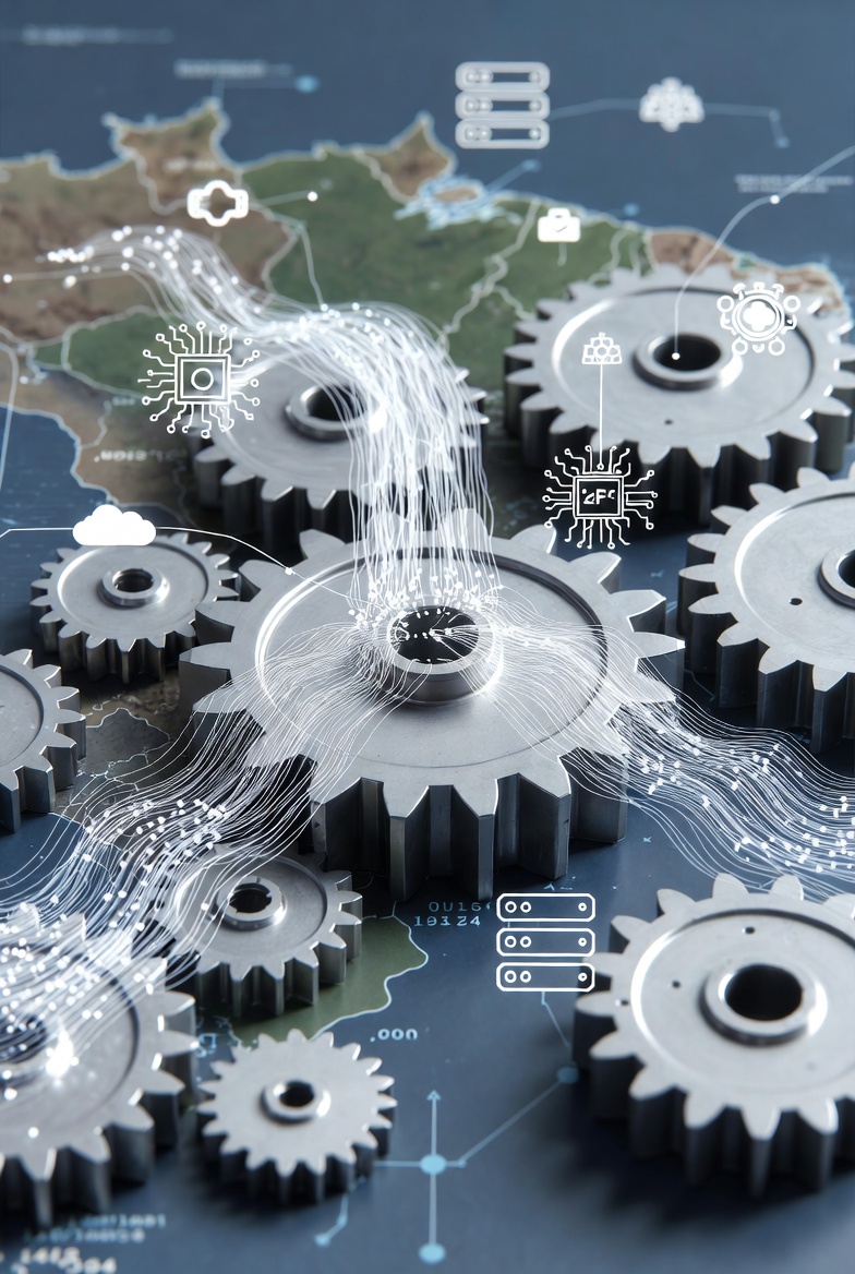 Engrenagens e fluxos de dados com ícones de tecnologia e mapa do Brasil, representando a análise de tendências de mercado e o papel da IA. 