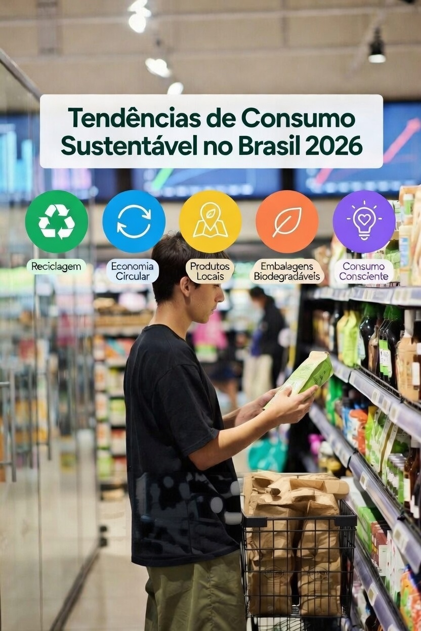 Infográfico colorido com 5 tendências de consumo sustentável no Brasil, incluindo ícones de reciclagem, economia circular e produtos locais, para guiar marcas em 2026.