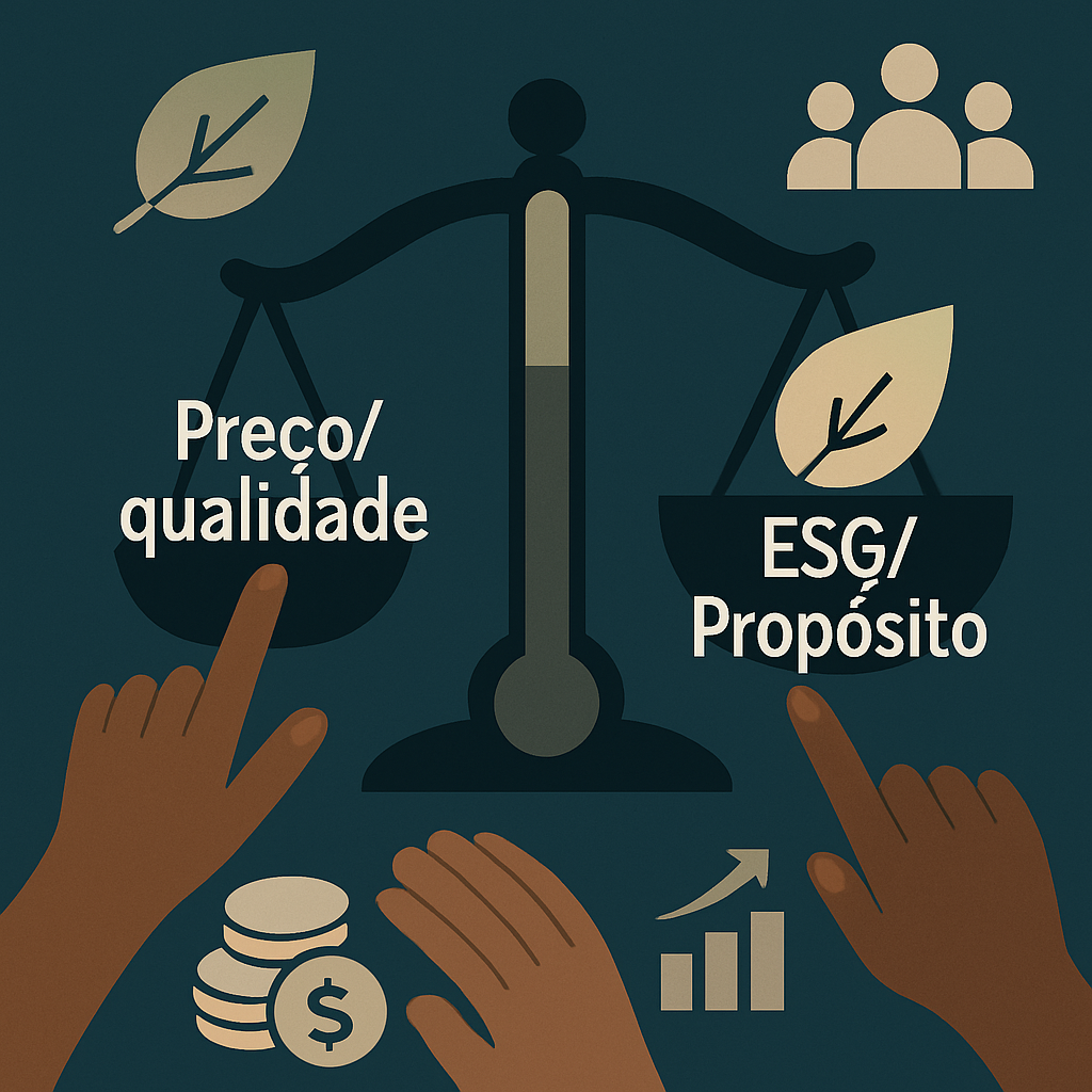 3 Insights: ESG e Consumidor Moldam o Mercado em 2026 1 Ilustração de uma balança digital equilibrando "Preço/qualidade" e "ESG/Propósito", com mãos humanas apontando para cada lado e ícones de moedas e gráfico de crescimento na base, simbolizando a crescente importância dos fatores ESG para o consumidor em 2026.