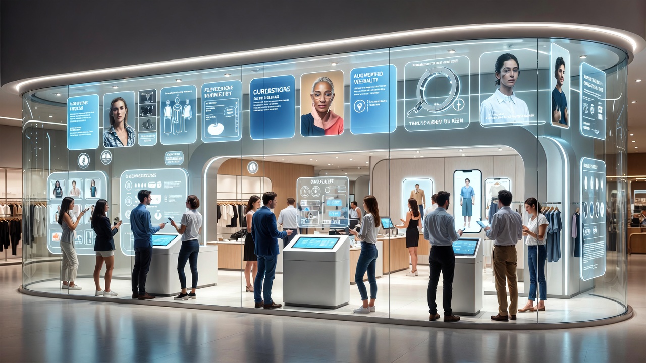 Vitrine de loja futurista com clientes interagindo com telas touch e displays holográficos, ilustrando a inovação e personalização no varejo brasileiro de 2026
